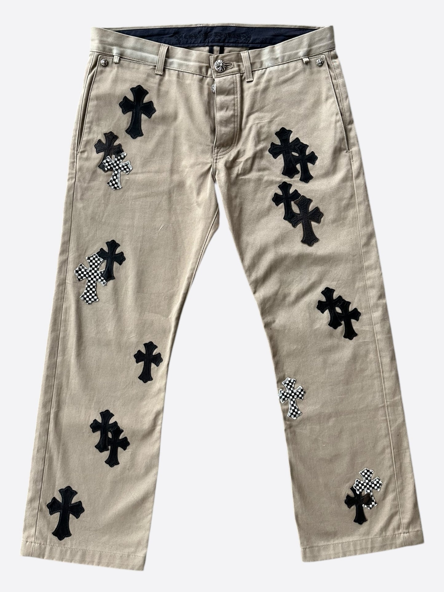 Chrome Hearts Tan Black & Checkered Cross Patch Chinos