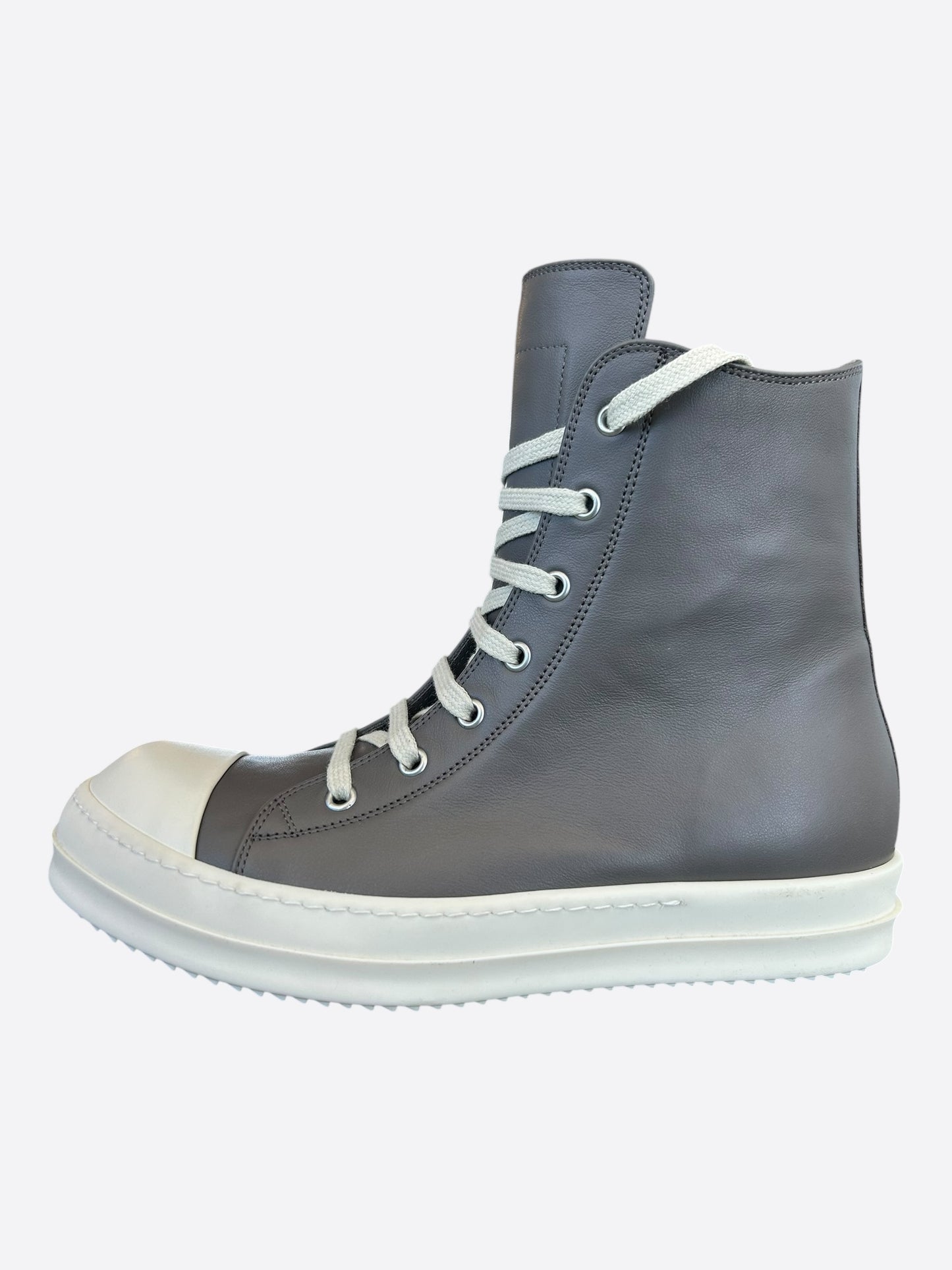 Rick Owens Grey & White Leather High Top Sneakers