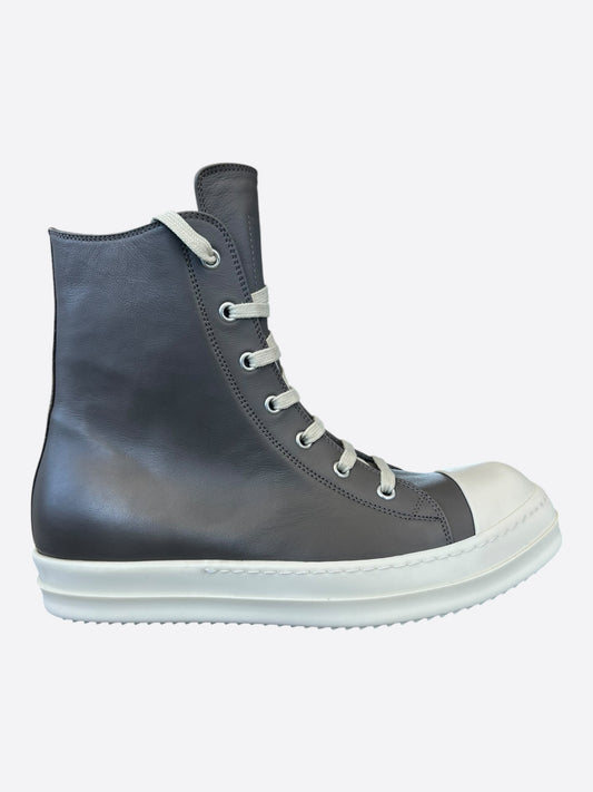 Rick Owens Grey & White Leather High Top Sneakers