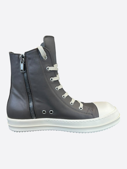 Rick Owens Grey & White Leather High Top Sneakers