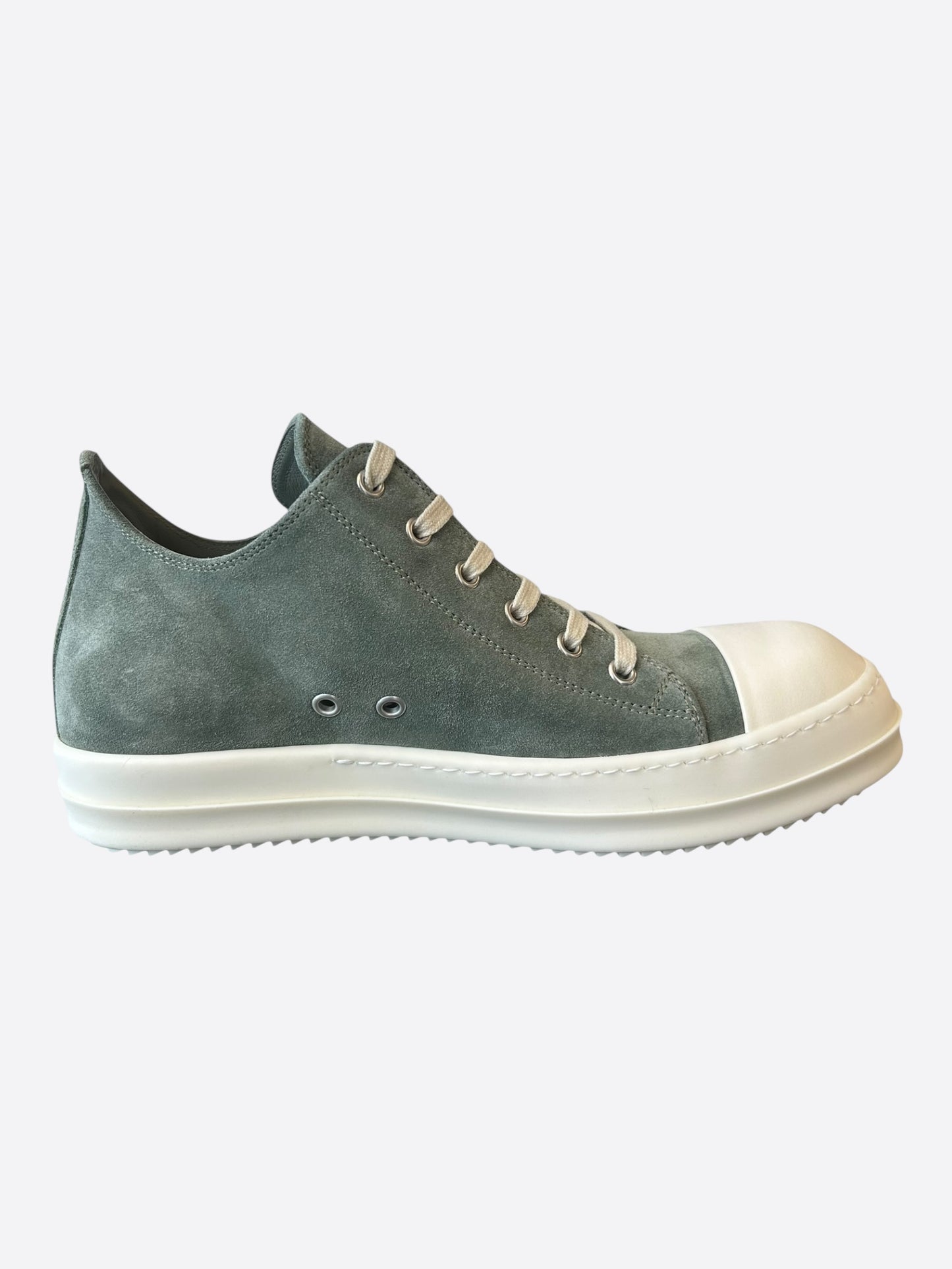 Rick Owens Green & White Suede Low Top Sneakers
