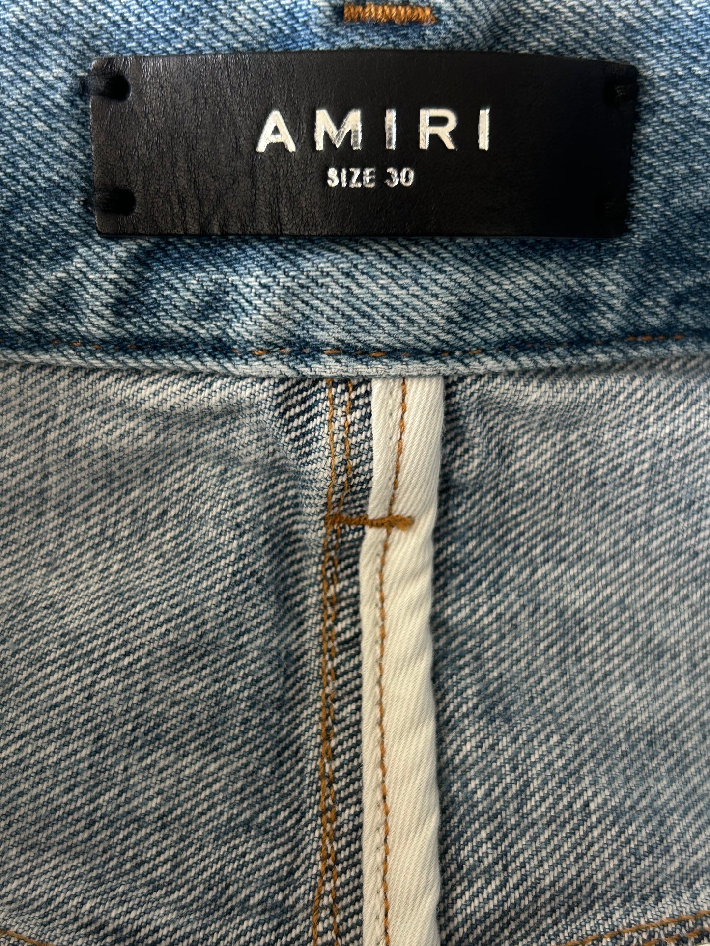 Amiri Blue & White Gradient Bones Applique Distressed Straight Jeans