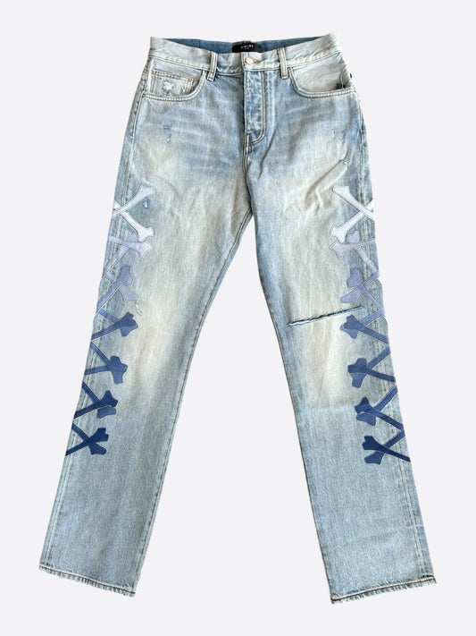 Amiri Blue & White Gradient Bones Applique Distressed Straight Jeans