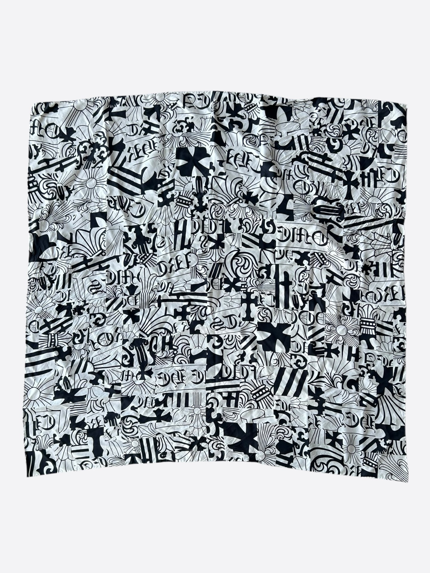 Chrome Hearts White & Black Stencil Graphic Silk Scarf