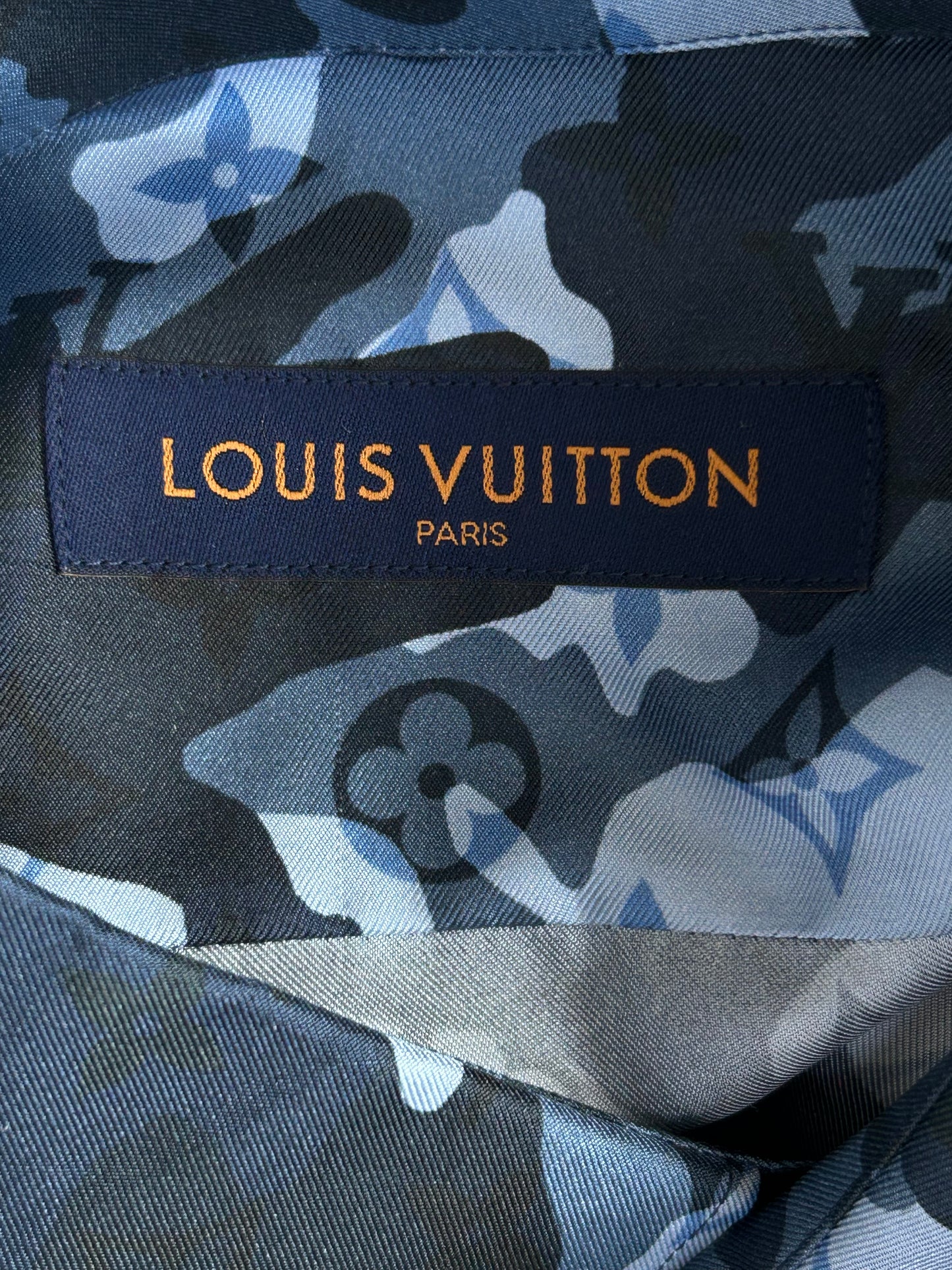 Louis Vuitton Blue Camouflage Monogram Silk Button Up Shirt