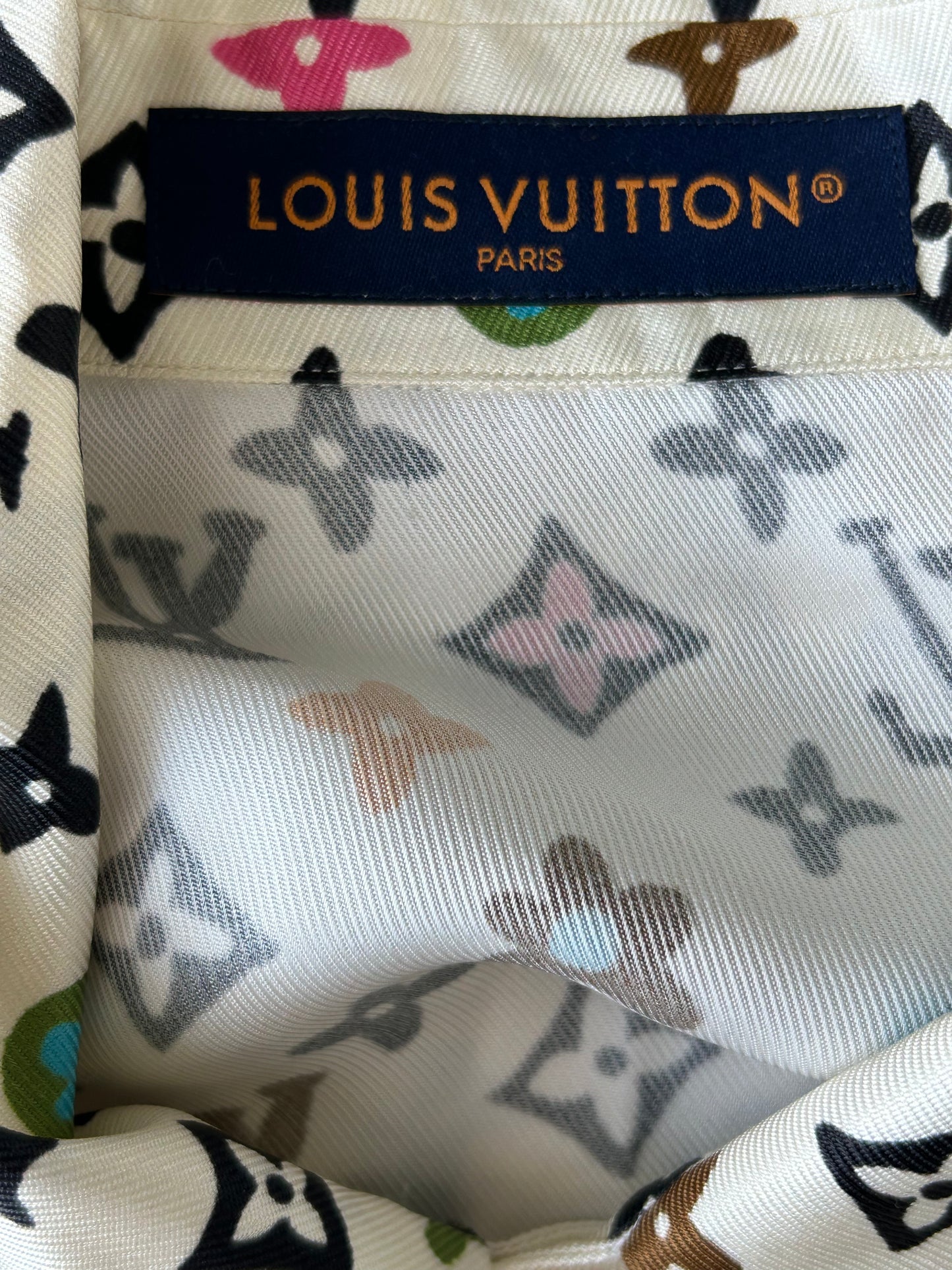 Louis Vuitton Tyler Cream Multicolor Monogram Silk Button Up Shirt
