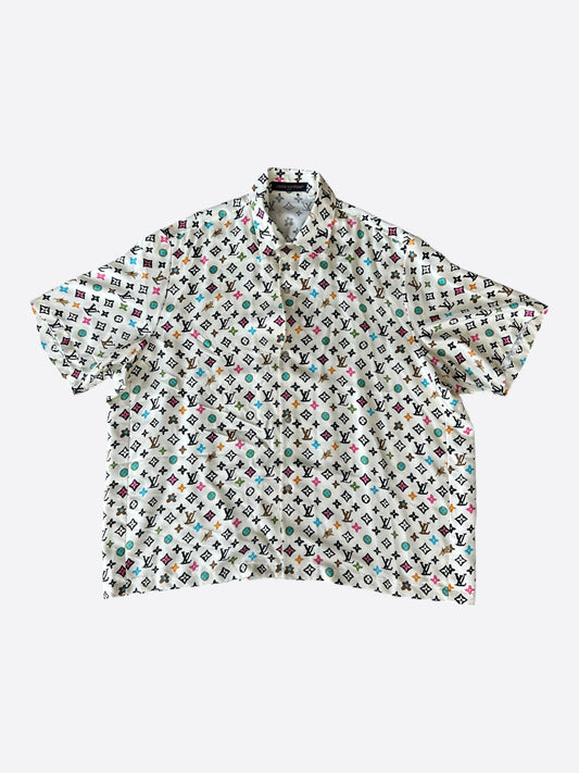 Louis Vuitton Tyler Cream Multicolor Monogram Silk Button Up Shirt