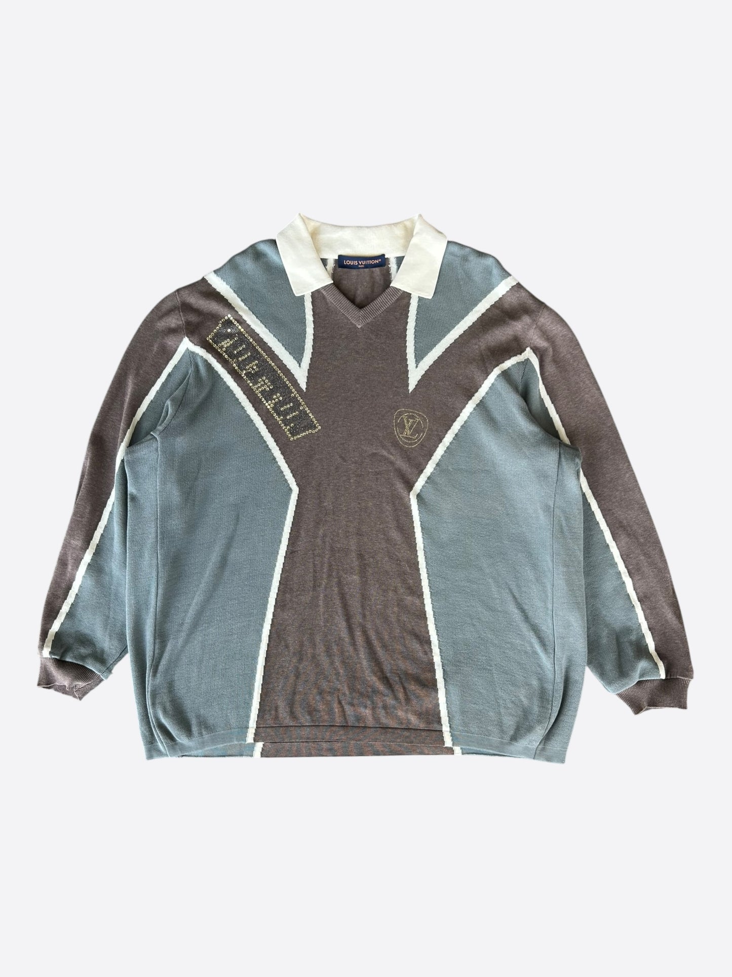 Louis Vuitton Green & Brown Football Crystal Logo Polo Longsleeve T-Shirt