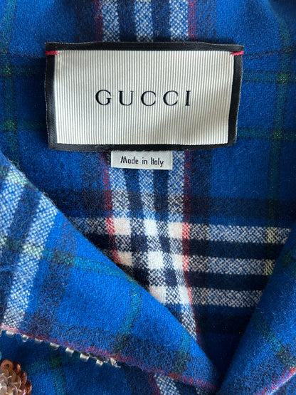 Gucci Blue & White Plaid Embroidered Button Up Shirt