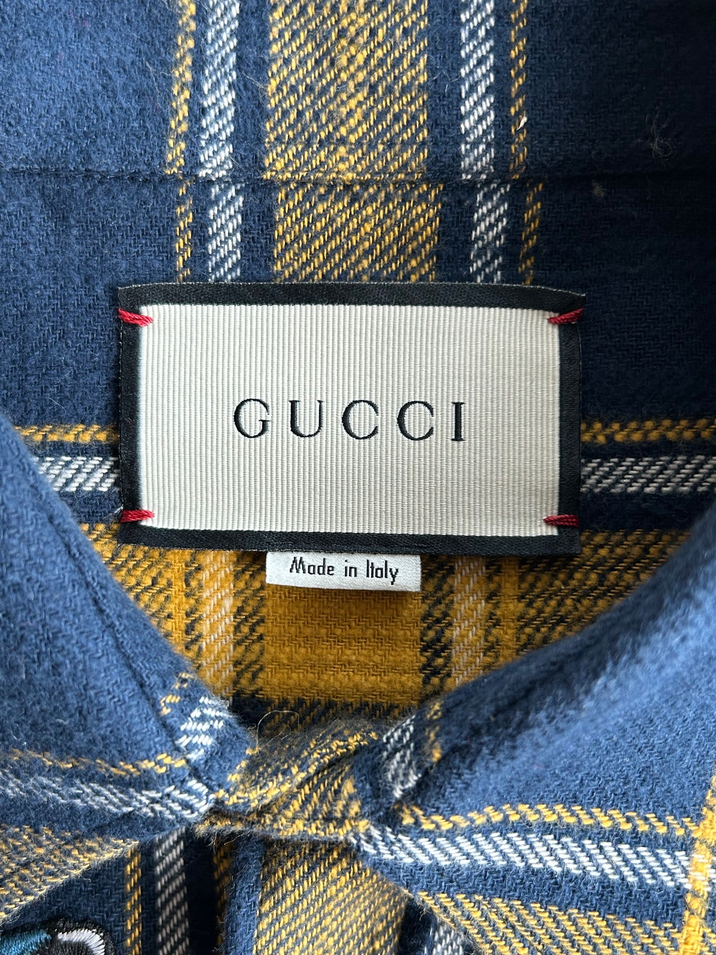 Gucci Blue & Yellow Plaid Embroidered Button Up Shirt