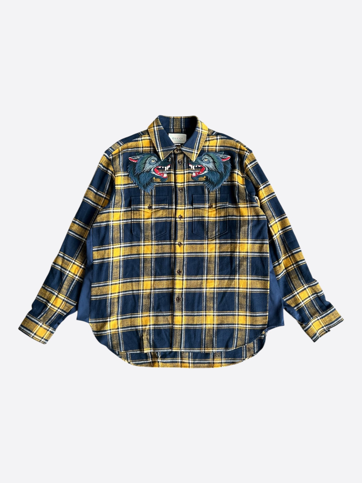 Gucci Blue & Yellow Plaid Embroidered Button Up Shirt