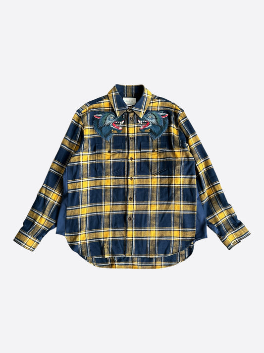 Gucci Blue & Yellow Plaid Embroidered Button Up Shirt