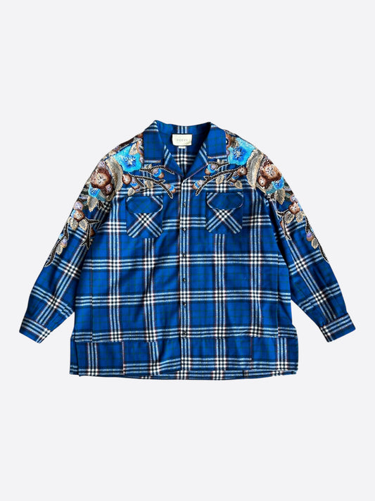 Gucci Blue & White Plaid Embroidered Button Up Shirt