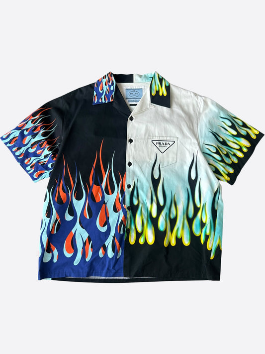 Prada White Flames Split Button Up Shirt