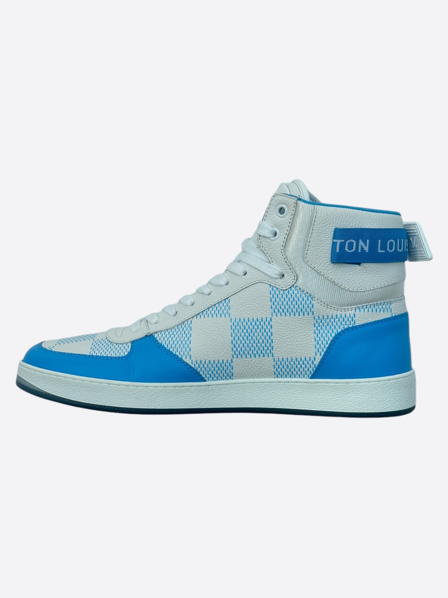 Louis Vuitton White & Blue Damier Rivoli High Top Sneakers