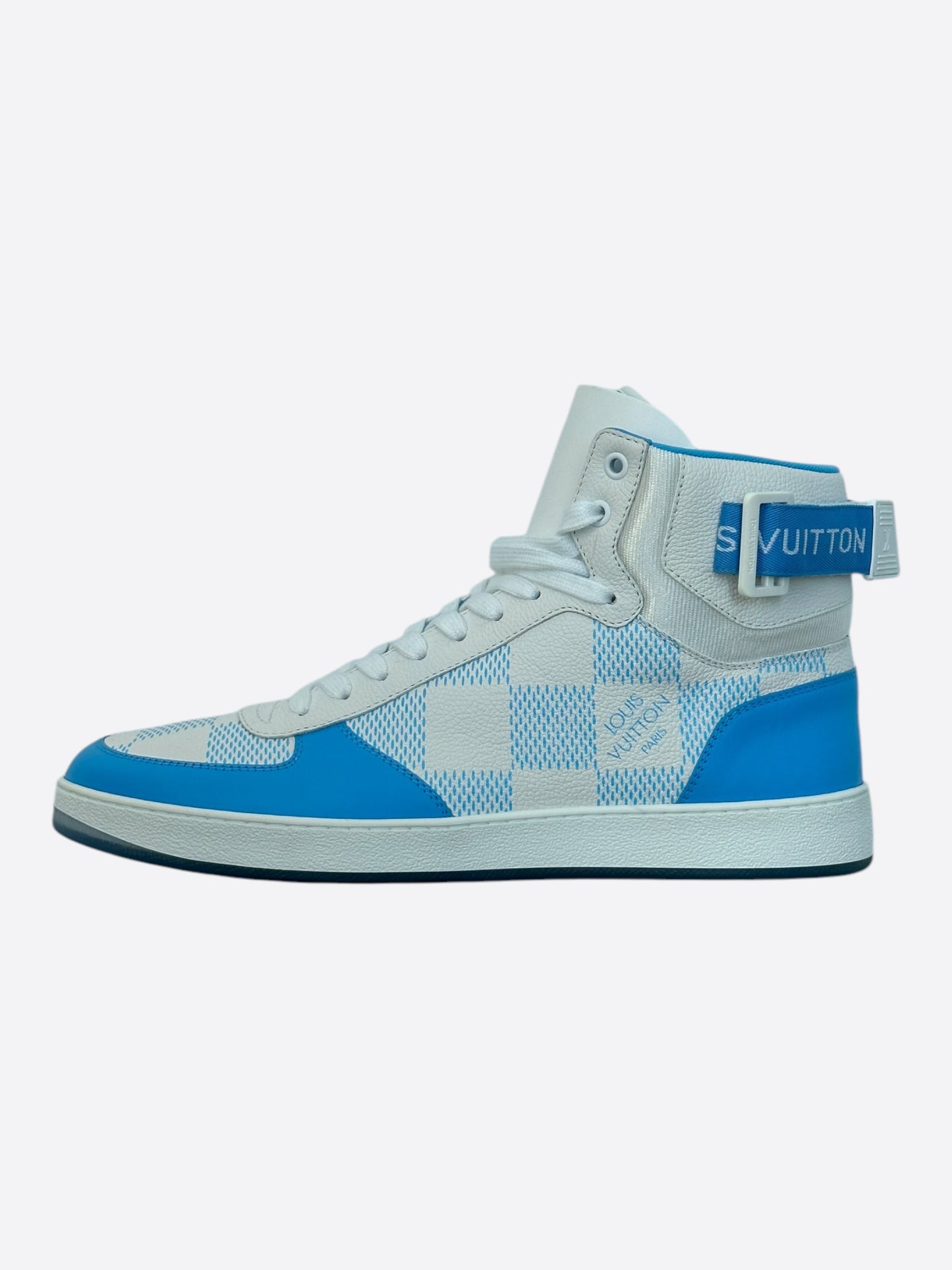 Louis Vuitton White & Blue Damier Rivoli High Top Sneakers