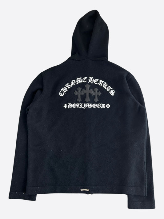 Chrome Hearts Black & White Leather Triple Cross Patch Cashmere Zip Up Hoodie