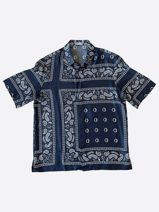 Dior Cactus Jack Navy & White Diamond Bandana Print Silk Button Up Shirt