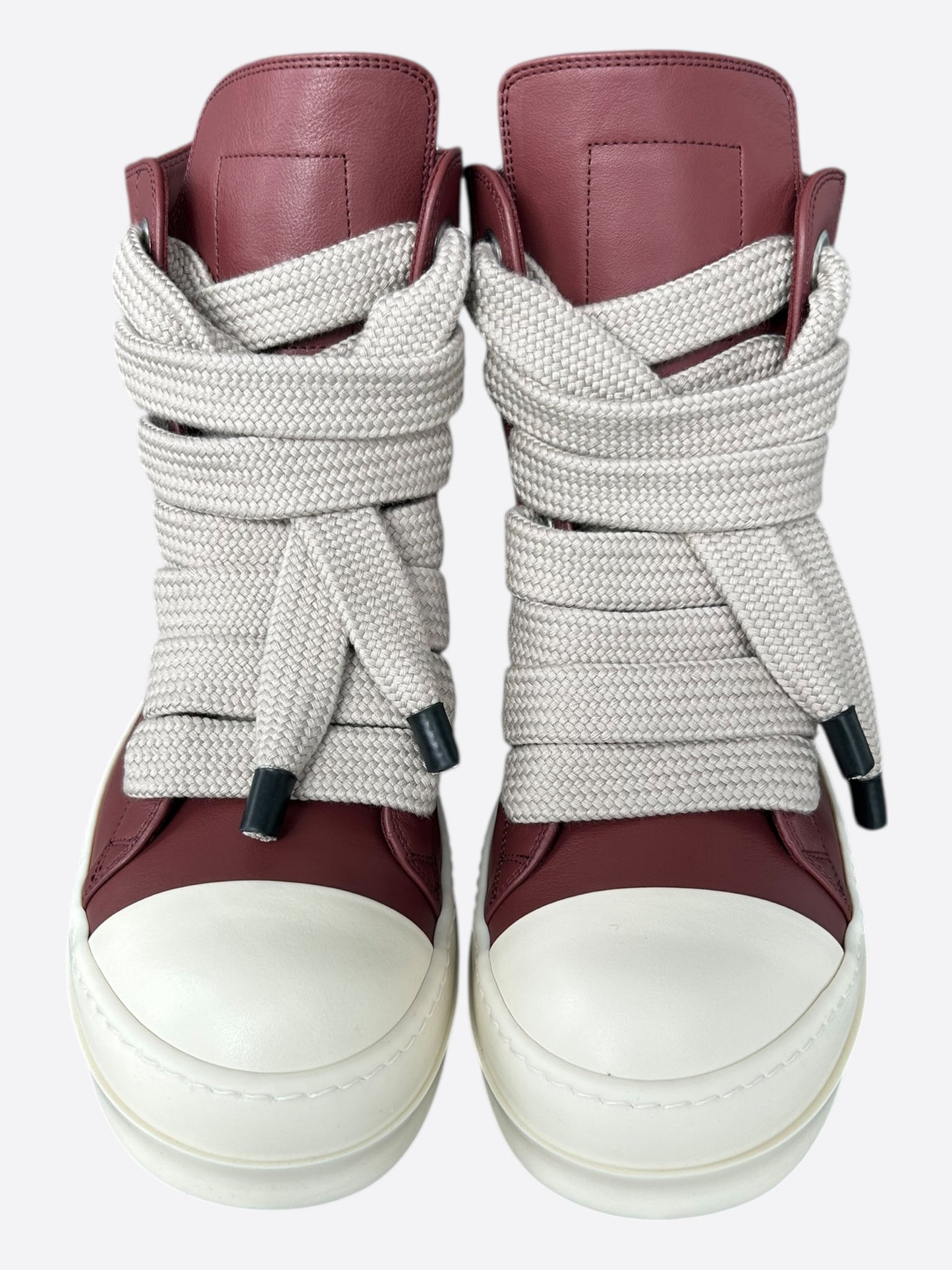 Rick Owens Red & White Leather Jumbo Lace High Top Sneakers