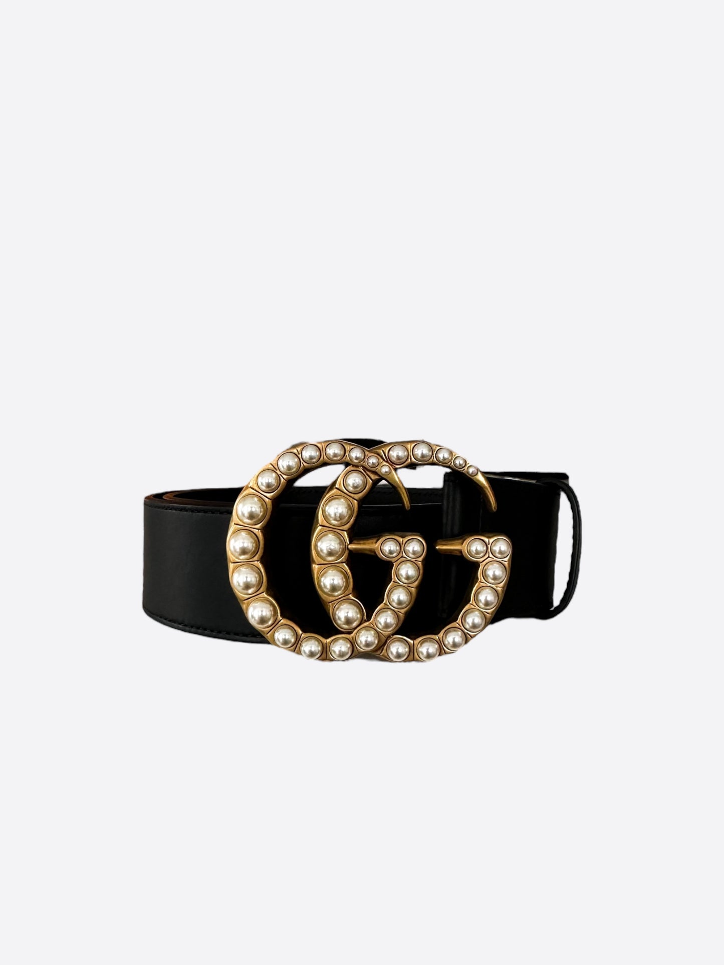 Gucci Black & Gold Pearl Buckle Leather Women's Belt