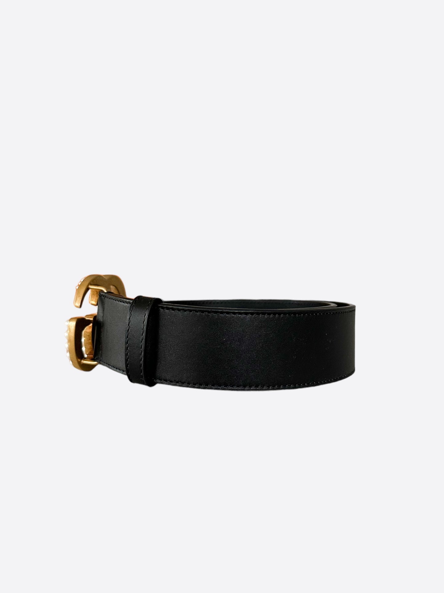 Gucci Black & Gold Pearl Buckle Leather Women's Belt