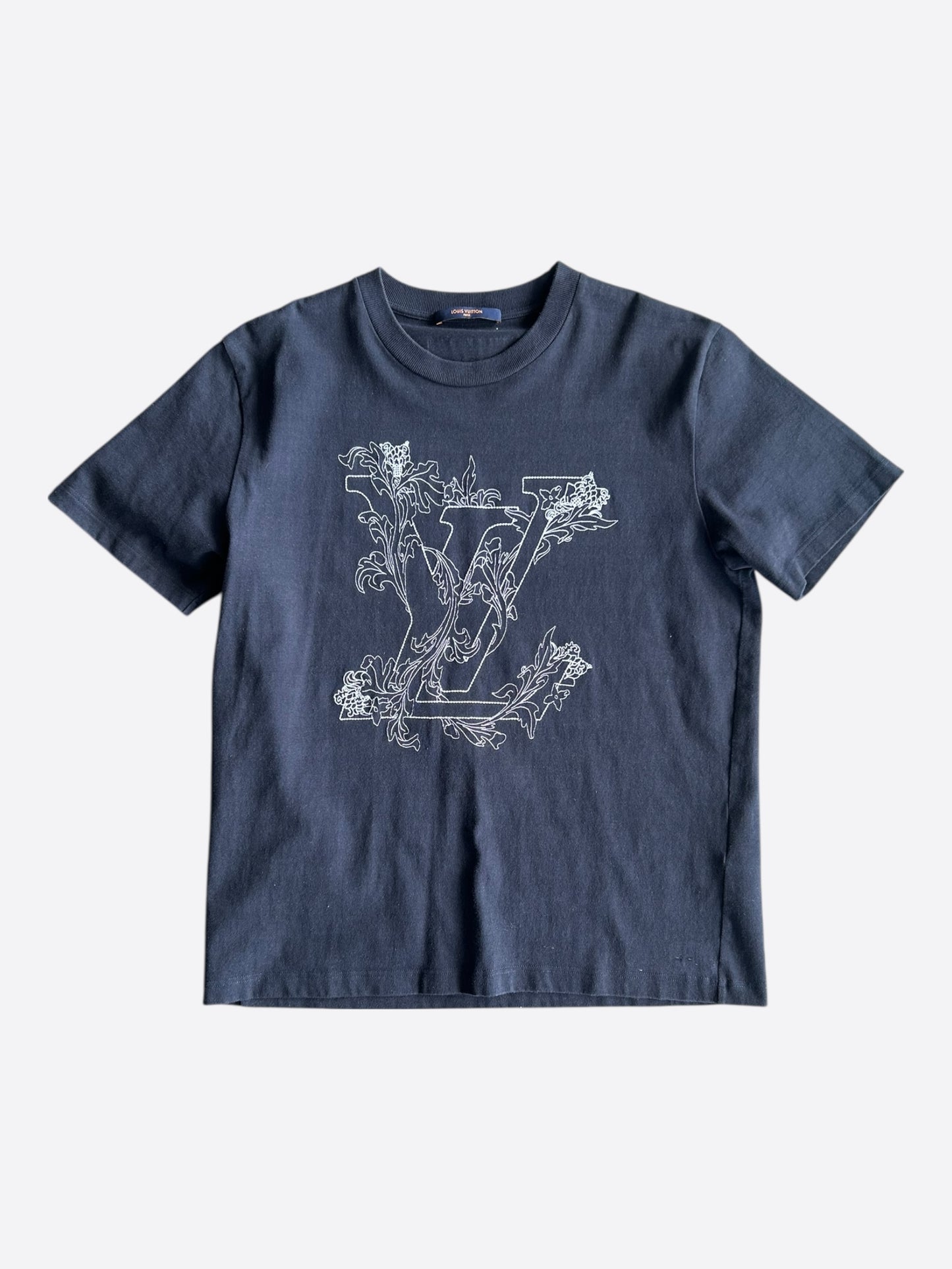 Louis Vuitton Navy & White Embroidered Flowers Logo T-Shirt