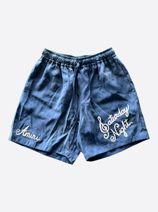 Amiri Navy & White Saturday Night Embroidered Logo Shorts
