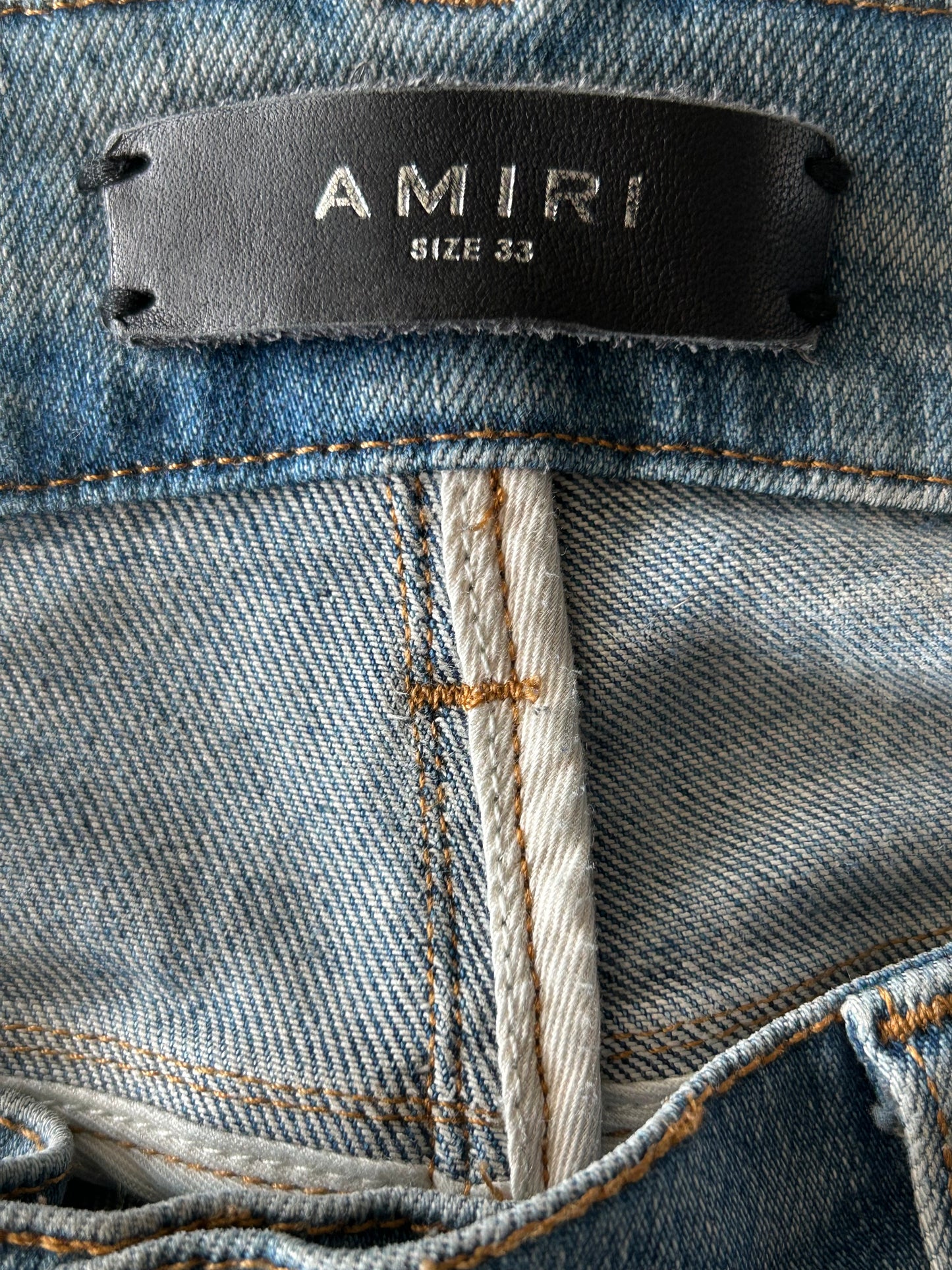 Amiri Blue Denim Core Applique Logo Distressed Jeans