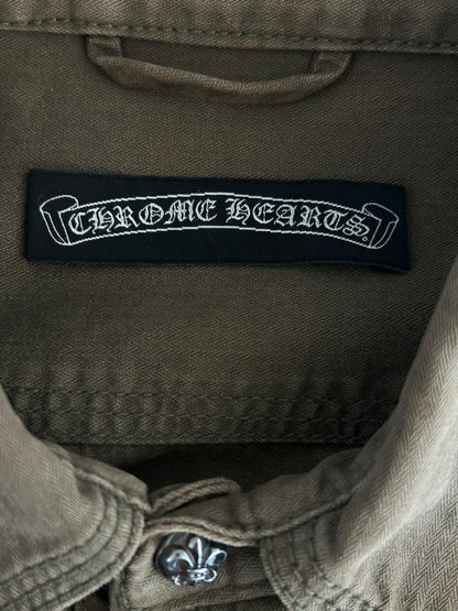 Chrome Hearts Olive & Black Leather Fleur Patch Button Up Shirt