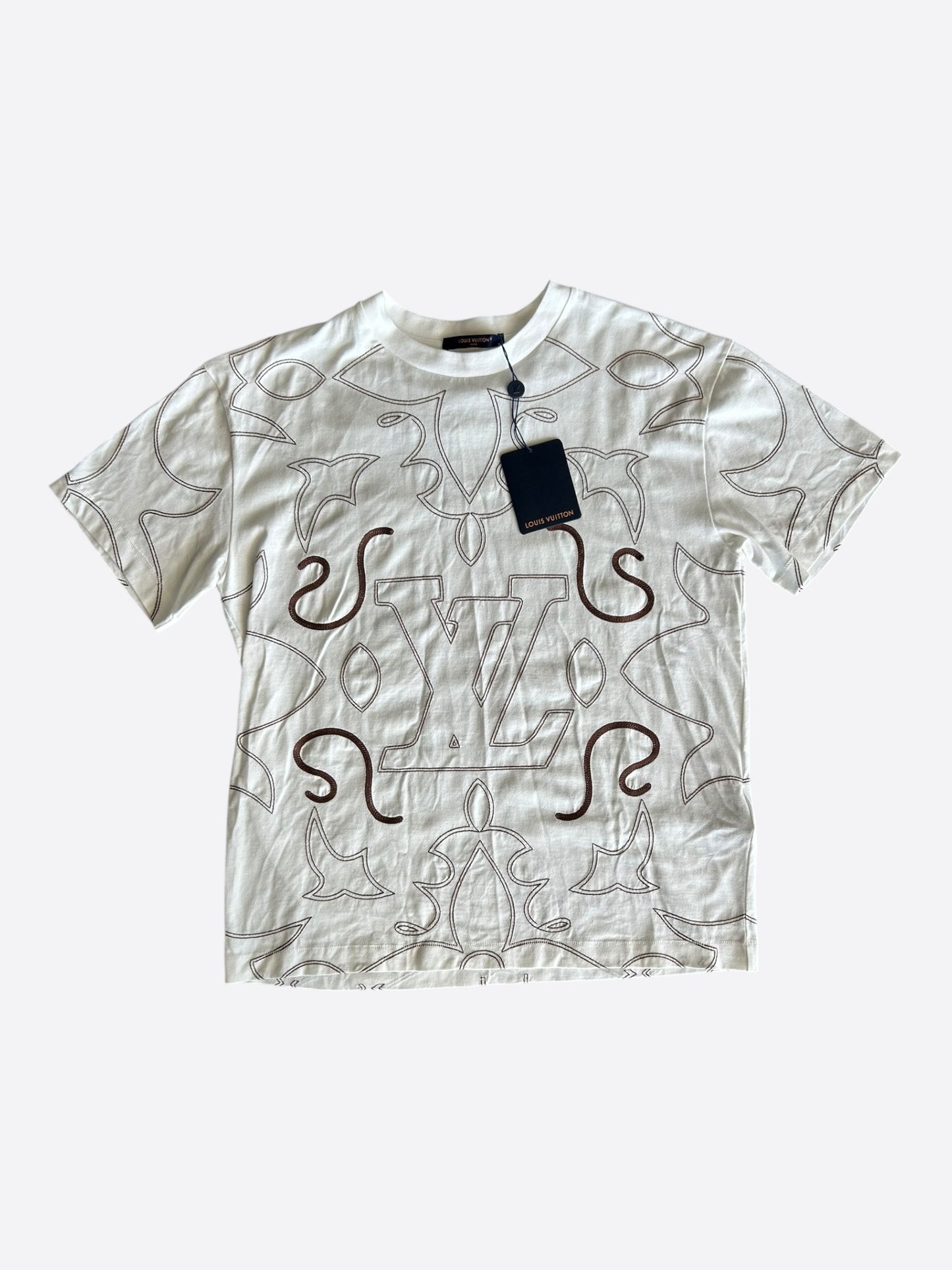 Louis Vuitton White & Brown Embroidered Graphic T-Shirt