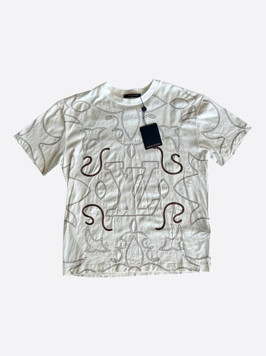 Louis Vuitton White & Brown Embroidered Graphic T-Shirt
