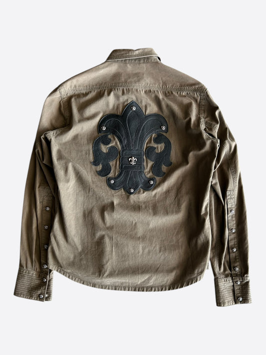 Chrome Hearts Olive & Black Leather Fleur Patch Button Up Shirt