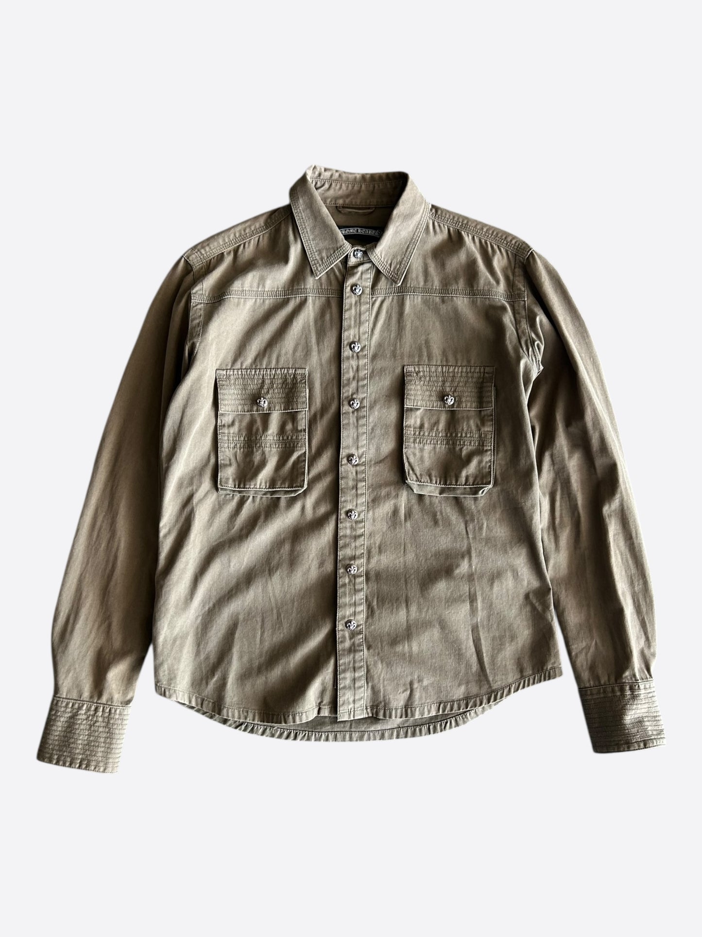 Chrome Hearts Olive & Black Leather Fleur Patch Button Up Shirt