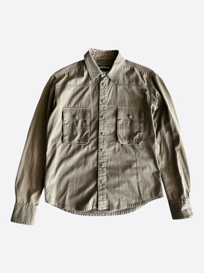 Chrome Hearts Olive & Black Leather Fleur Patch Button Up Shirt