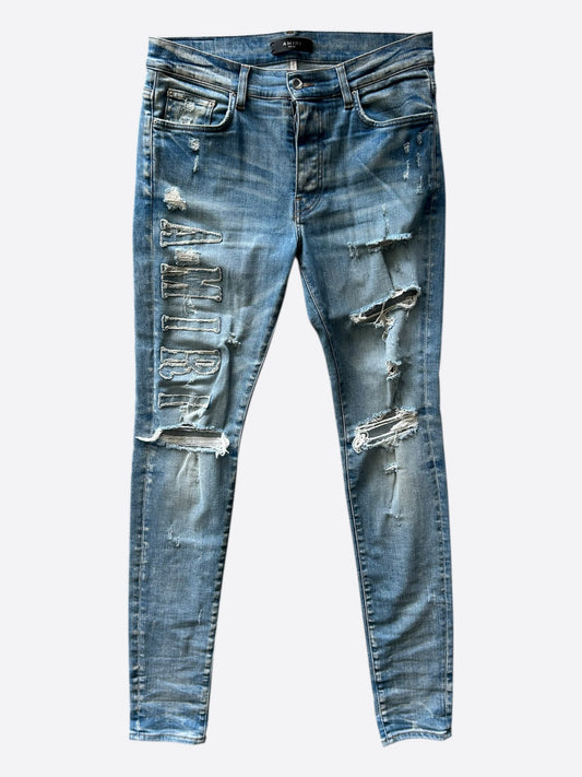 Amiri Blue Denim Core Applique Logo Distressed Jeans