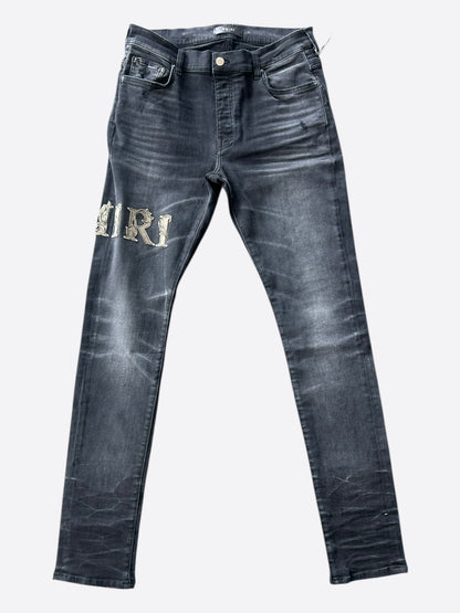 Amiri Faded Black Baroque Varsity Logo Jeans