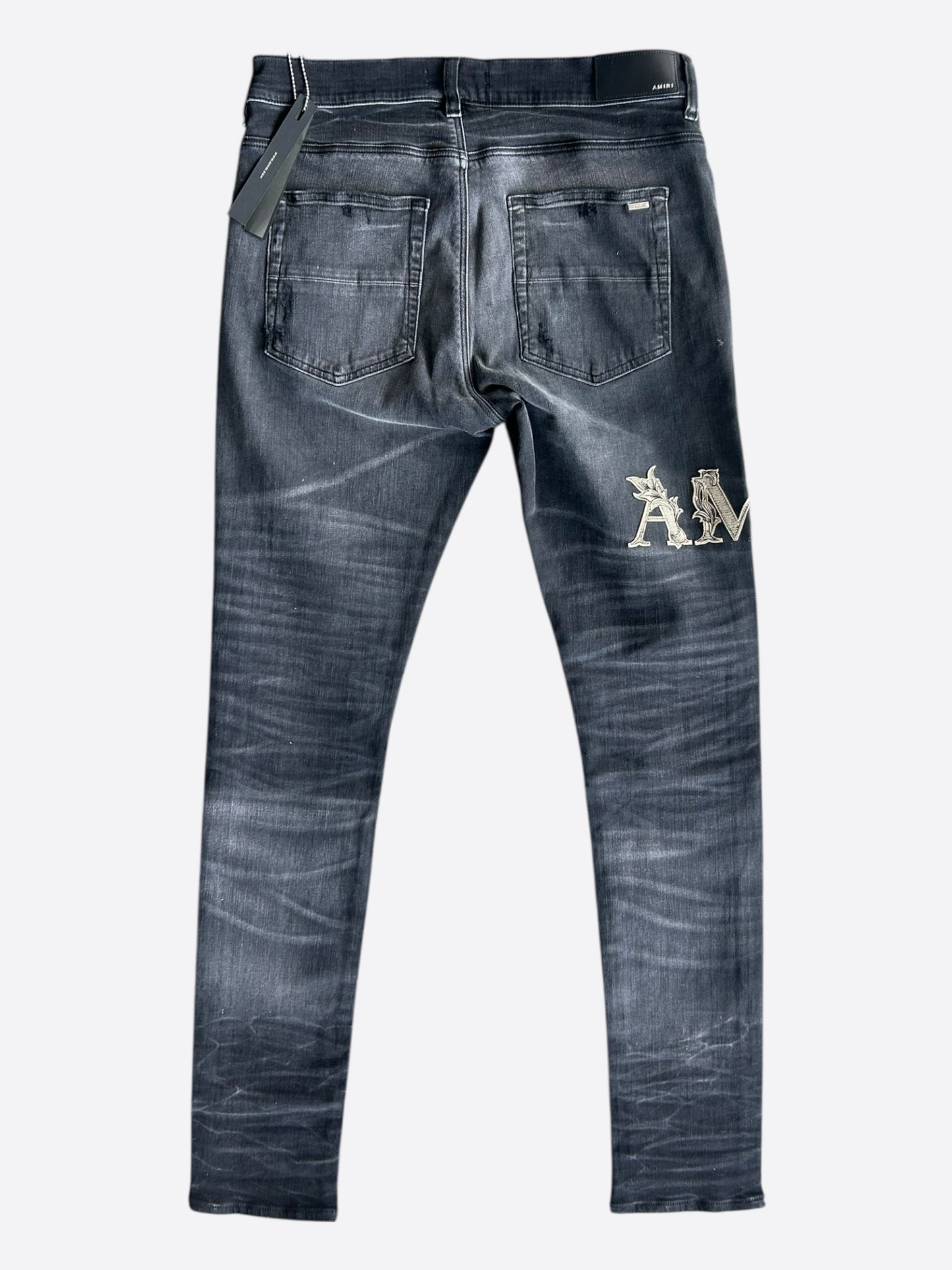Amiri Faded Black Baroque Varsity Logo Jeans