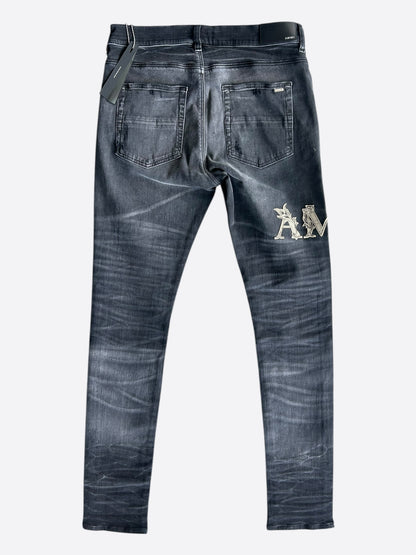 Amiri Faded Black Baroque Varsity Logo Jeans