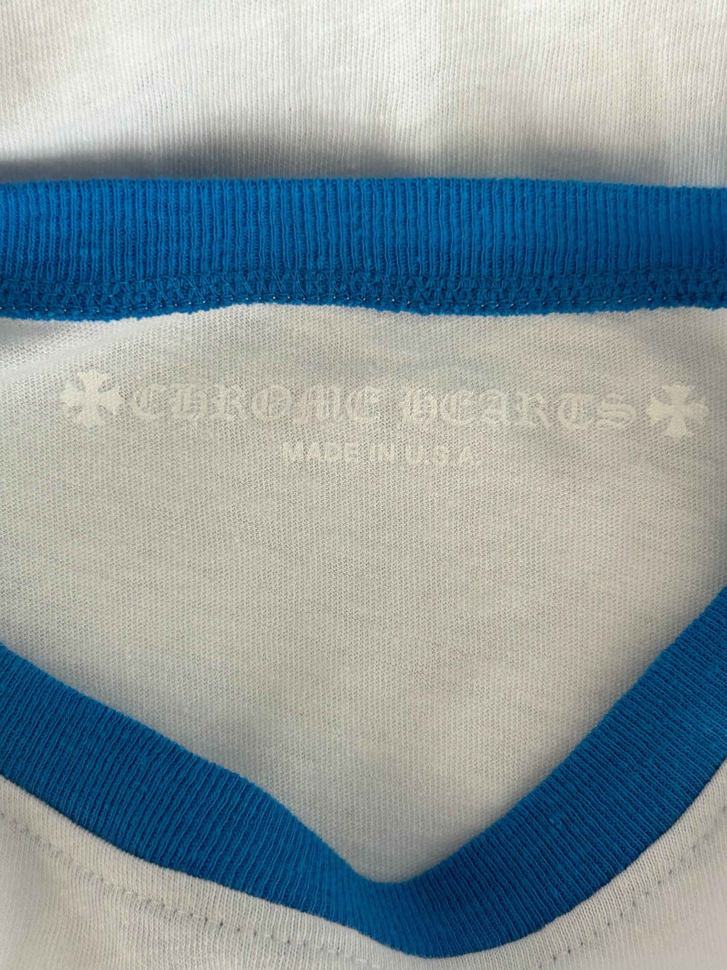 Chrome Hearts White, Blue & Red Horseshoe Scroll Logo T-Shirt