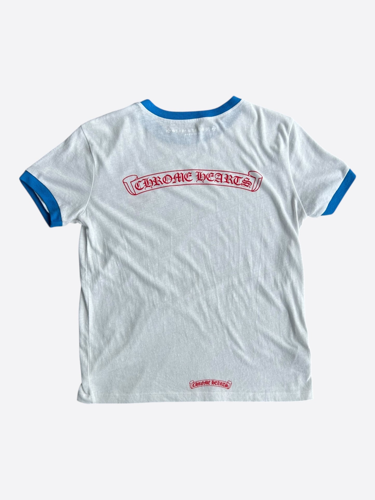 Chrome Hearts White, Blue & Red Horseshoe Scroll Logo T-Shirt