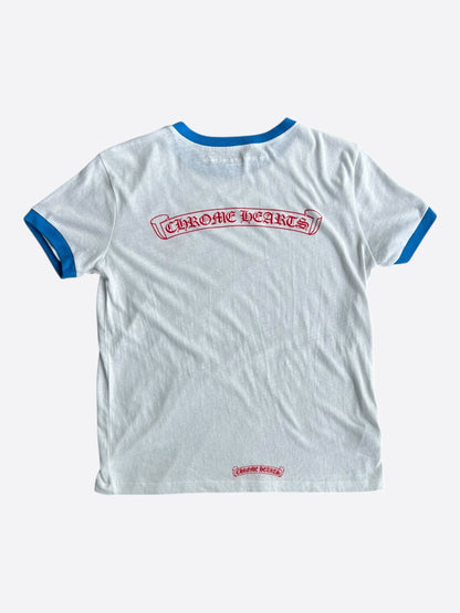 Chrome Hearts White, Blue & Red Horseshoe Scroll Logo T-Shirt