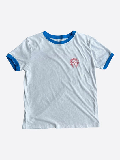 Chrome Hearts White, Blue & Red Horseshoe Scroll Logo T-Shirt