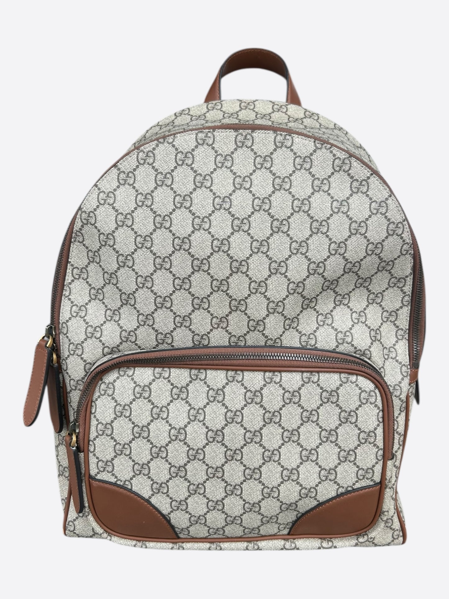 Gucci Beige & Brown GG Monogram Emblem Backpack