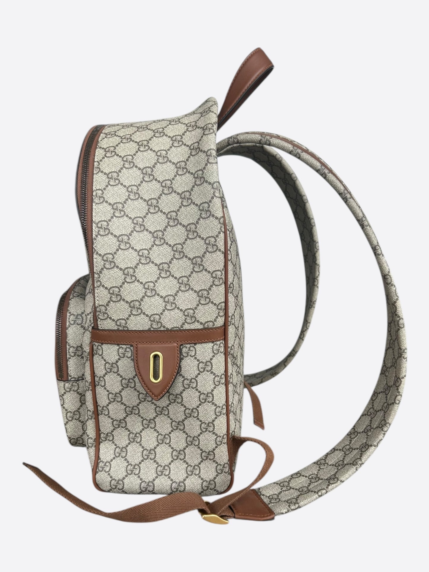 Gucci Beige & Brown GG Monogram Emblem Backpack