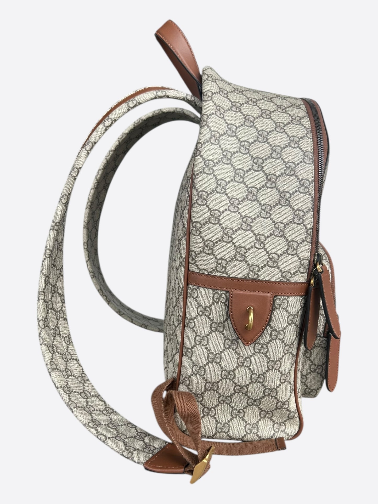 Gucci Beige & Brown GG Monogram Emblem Backpack
