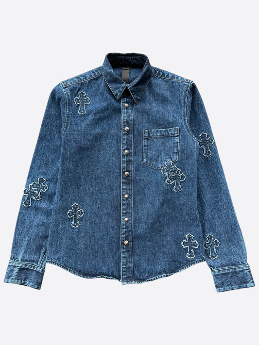 Chrome Hearts Blue Embroidered Cross Patch Denim Shirt