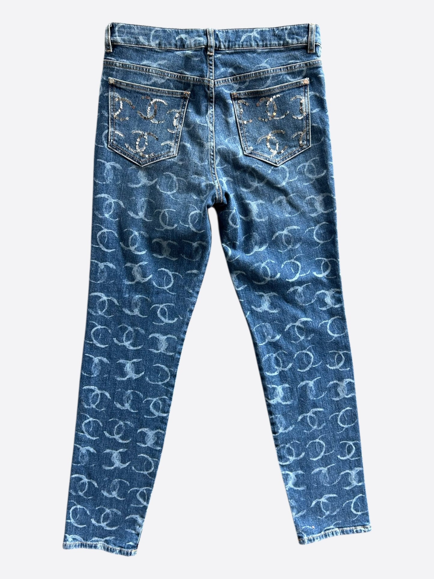 Chanel Blue & White 23B CC Logo Sequin Women's Denim Jeans