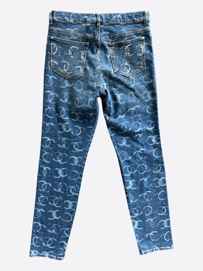 Chanel Blue & White 23B CC Logo Sequin Women's Denim Jeans