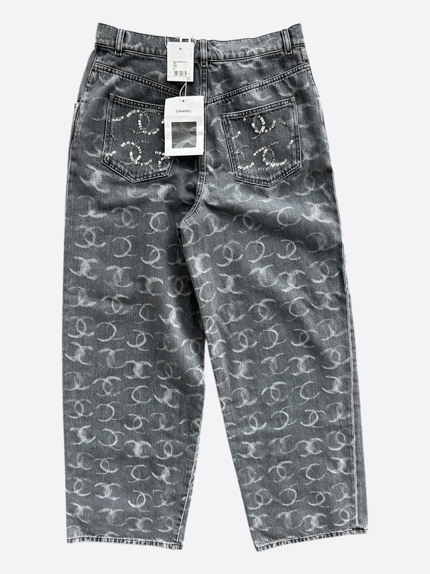Chanel Faded Black & White 23B CC Logo Sequin Women's Denim Jeans