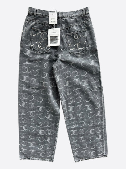 Chanel Faded Black & White 23B CC Logo Sequin Women's Denim Jeans